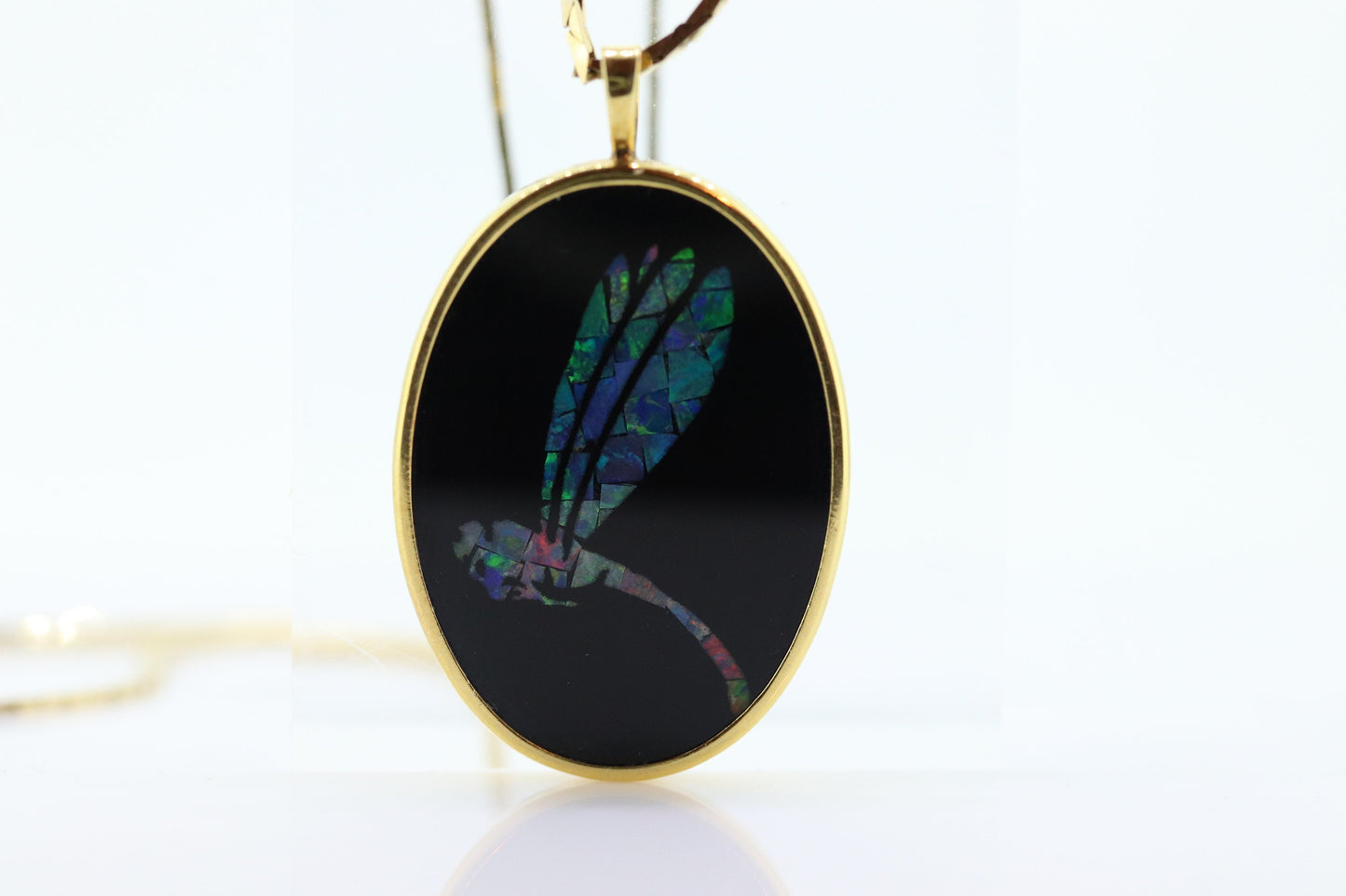 Opal Mosaic Onyx Pendant. 14k Yellow Gold Medallion. Dragonfly Dragon fly cluster opal inlay onyx charm necklace. (st117/87)
