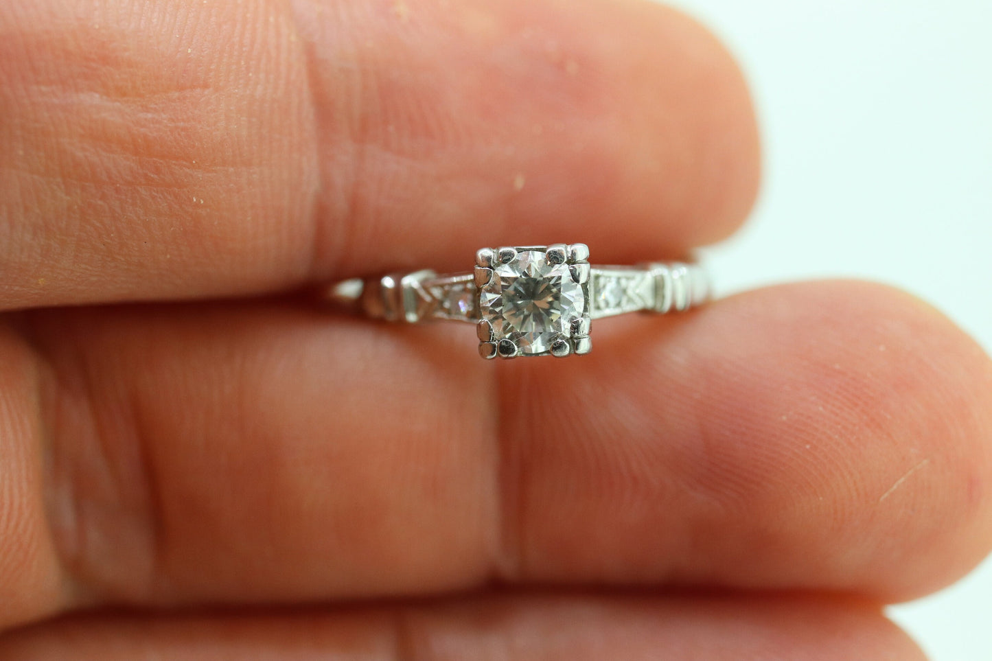 Art Deco PLATINUM Diamond Solitaire Ring. Platinum 1/2ct diamond Square setting Solitaire engagement Ring st(472)