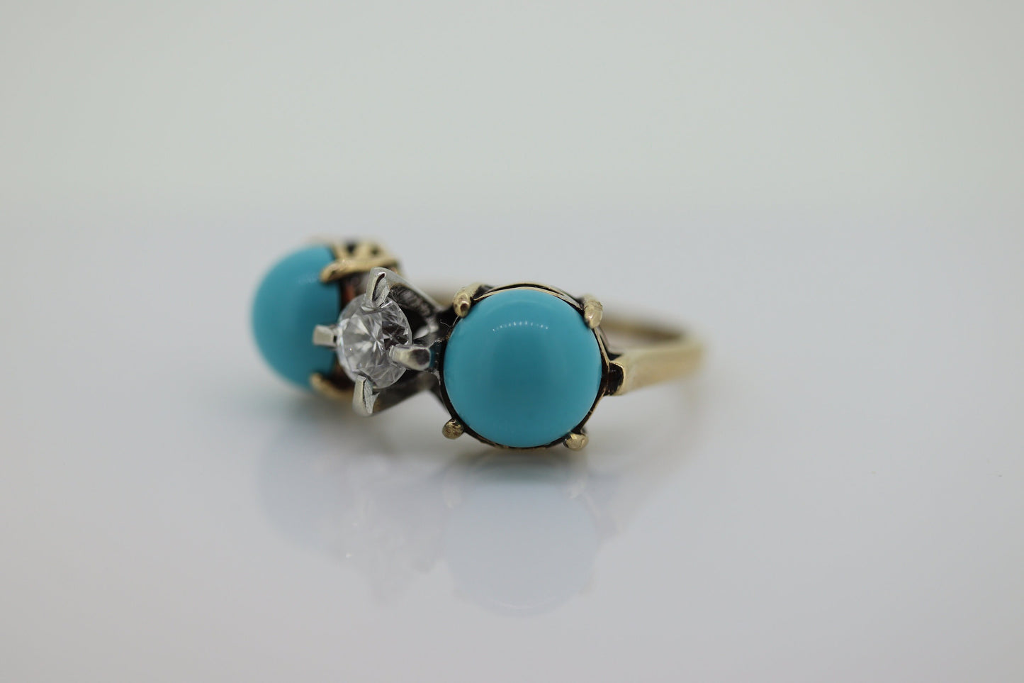 10k Large Turquoise Cabochon and 1/2ct Diamond Ring. 14k Trio Triology Three Gems Ring (101)