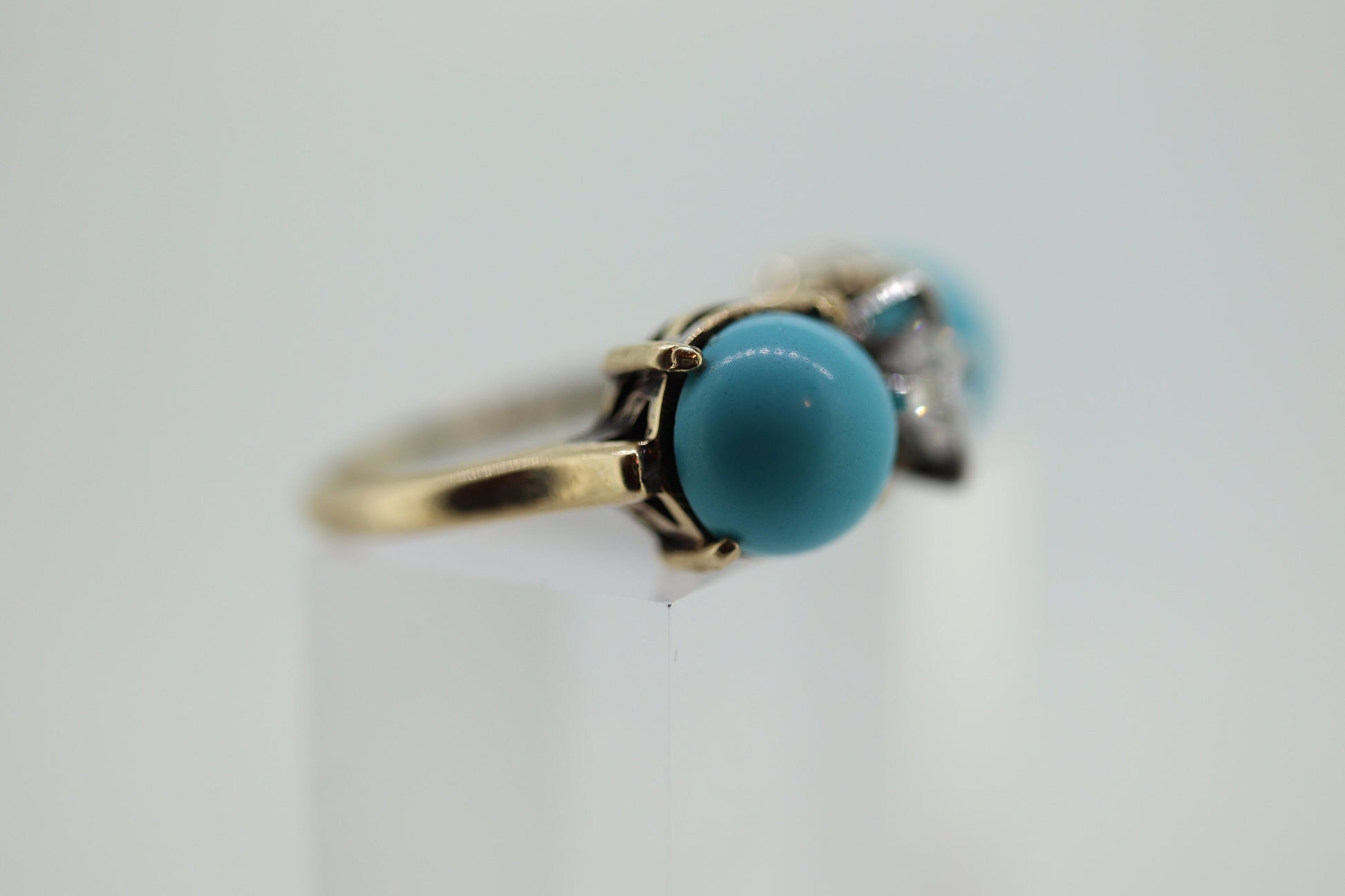 10k Large Turquoise Cabochon and 1/2ct Diamond Ring. 14k Trio Triology Three Gems Ring (101)