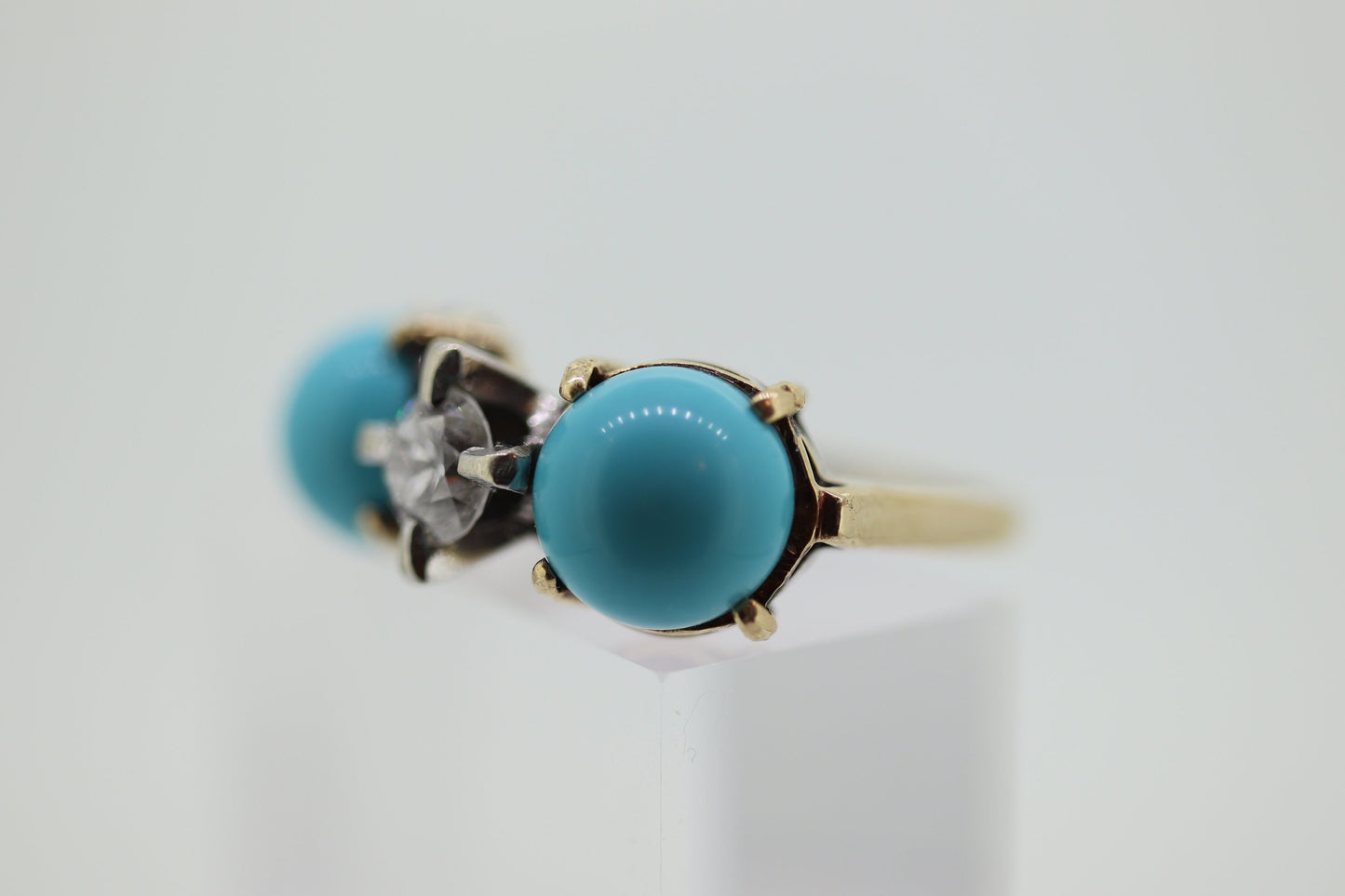 10k Large Turquoise Cabochon and 1/2ct Diamond Ring. 14k Trio Triology Three Gems Ring (101)