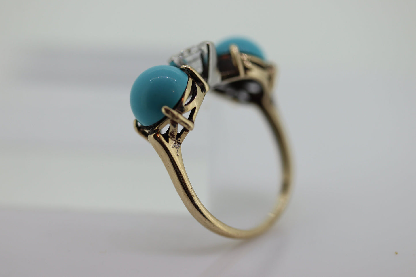 10k Large Turquoise Cabochon and 1/2ct Diamond Ring. 14k Trio Triology Three Gems Ring (101)