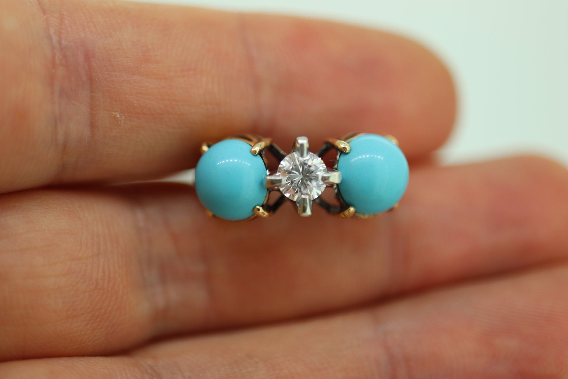 10k Large Turquoise Cabochon and 1/2ct Diamond Ring. 14k Trio Triology Three Gems Ring (101)