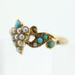 Victorian 10k Turquoise Cabochon and Pearl Seed Ring. 10k Victorian ornate Vine embossed bezel ring. st(115)