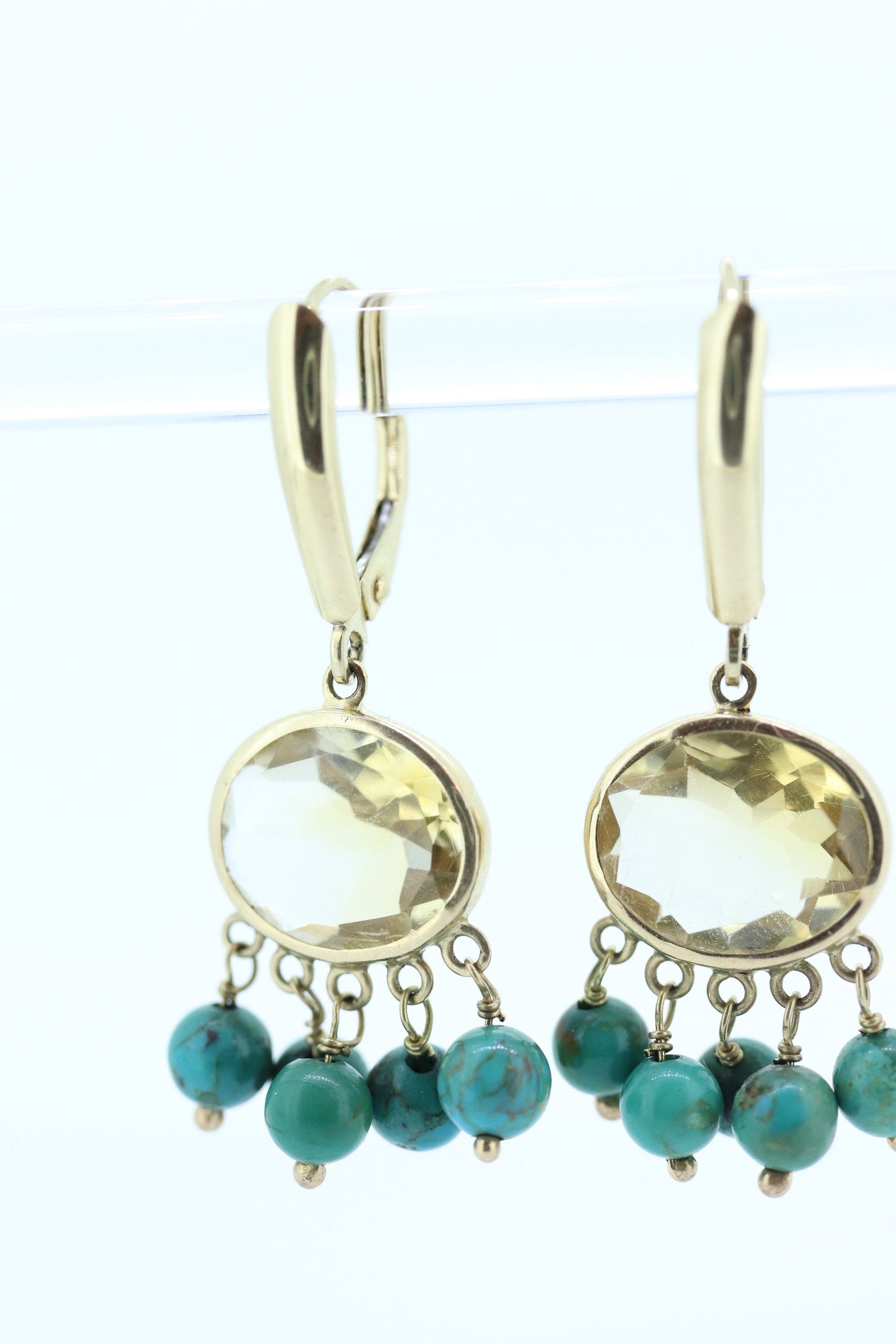 14k Turquoise Citrine dangle earrings Set. Turquoise Citrine Bezel Earrings. Yellow Gold Turquoise Earrings ST(110)