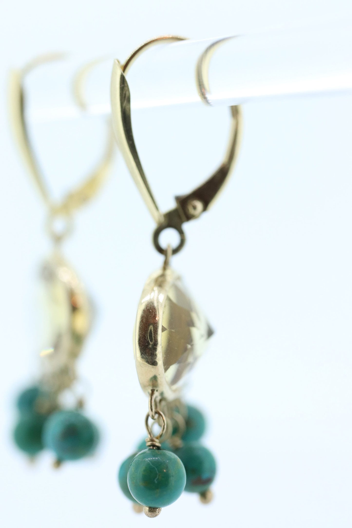 14k Turquoise Citrine dangle earrings Set. Turquoise Citrine Bezel Earrings. Yellow Gold Turquoise Earrings ST(110)