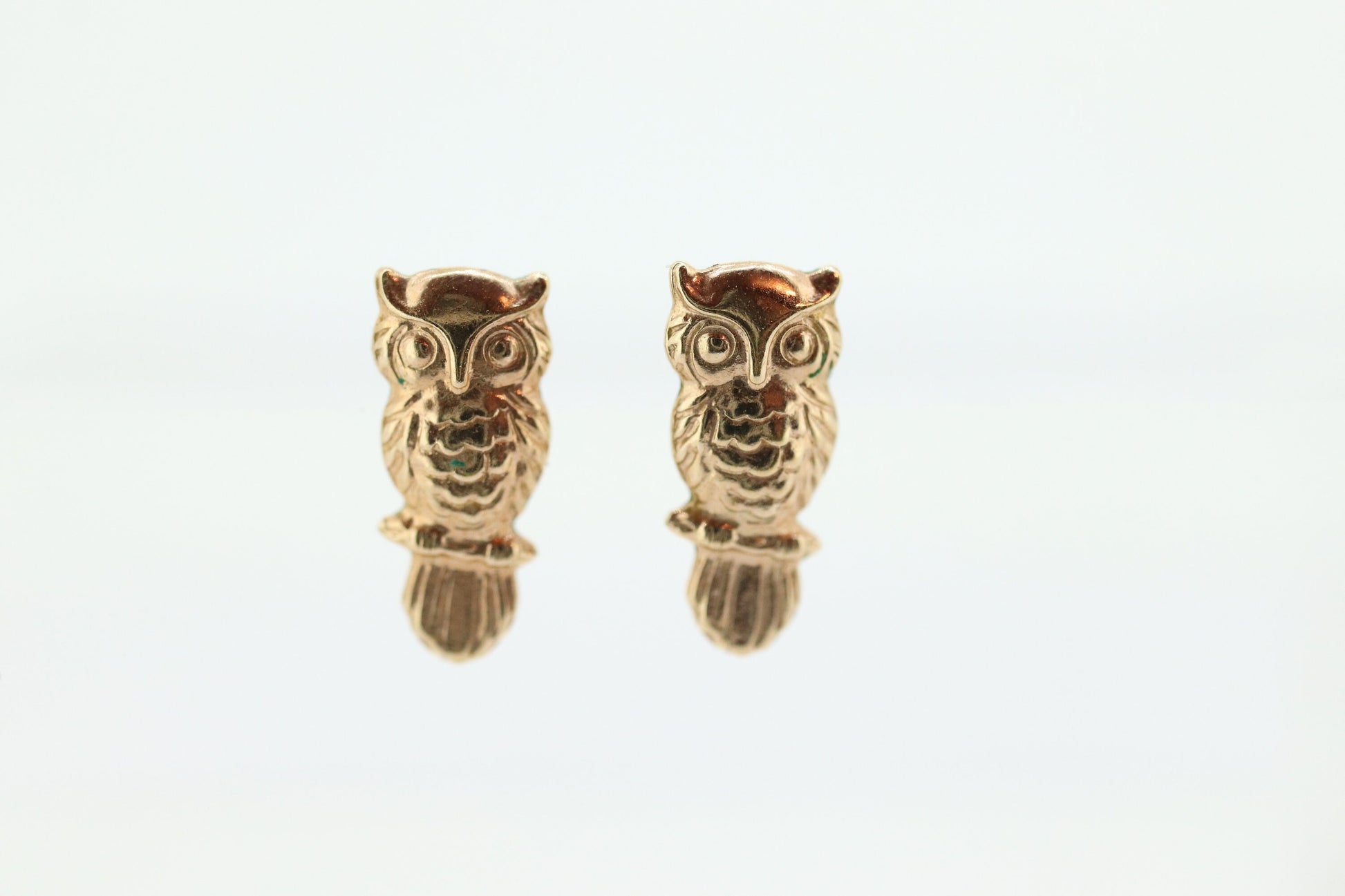 14k Owl Earrings. 3D Wise OWL Earrings. 14k Yellow Gold Dainty Owl small earrings. st(70)