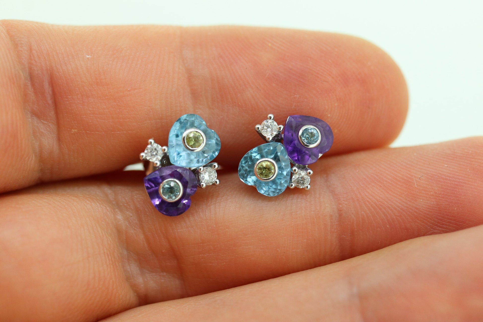 14k Amethyst and Topaz hearts and diamond stud earrings. Fun colorful earrings. st(92)