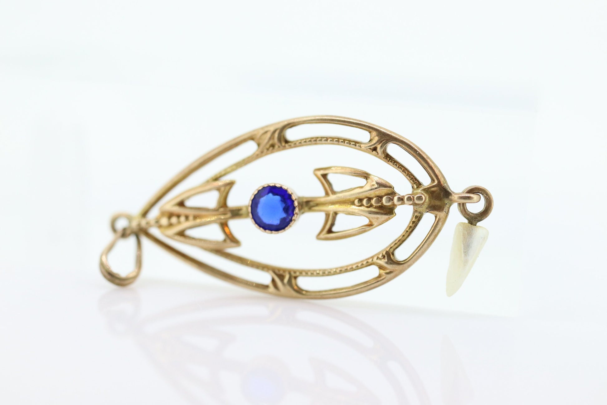 Art Nouveau Sapphire and Pearl seed Buttercup 10k gold Lavaliere