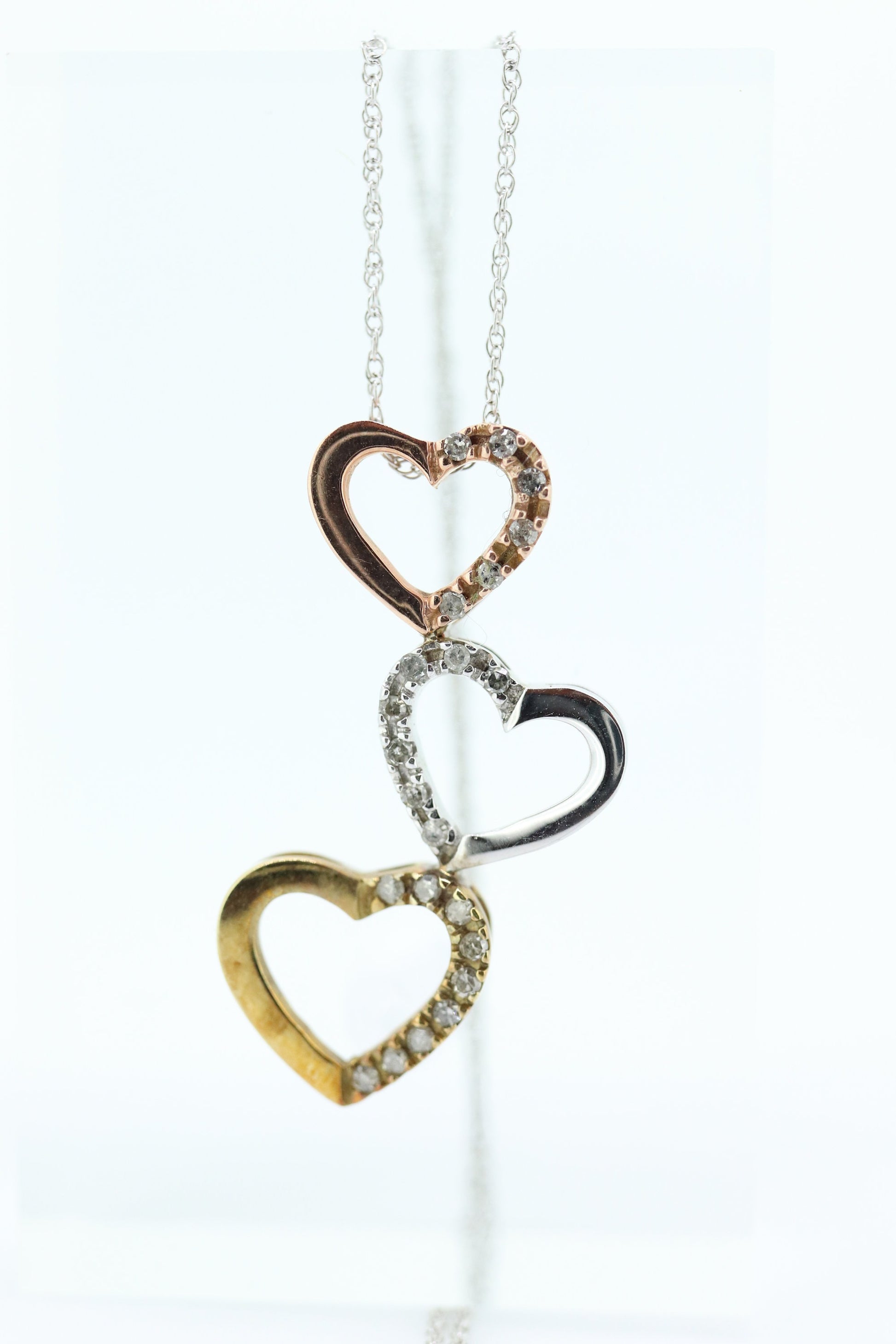 10K tricolor Triple Open Heart Diamond pendant. 10k Rose Yellow White gold. 10k necklace st44