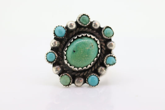 Zuni Navajo Sterling Silver ring. Turquoise Cluster Bezel set Ring.  St(10)