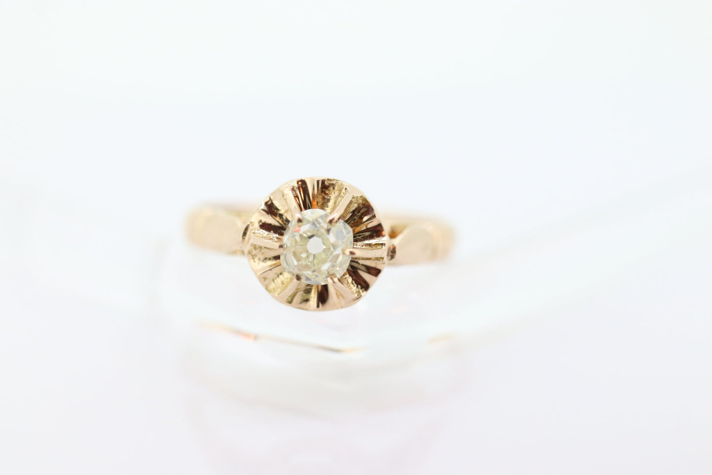 Victorian 18k Rose Gold Diamond Solitaire. 0.36ct Old Mine Cushion Cut Buttercup Diamond setting.