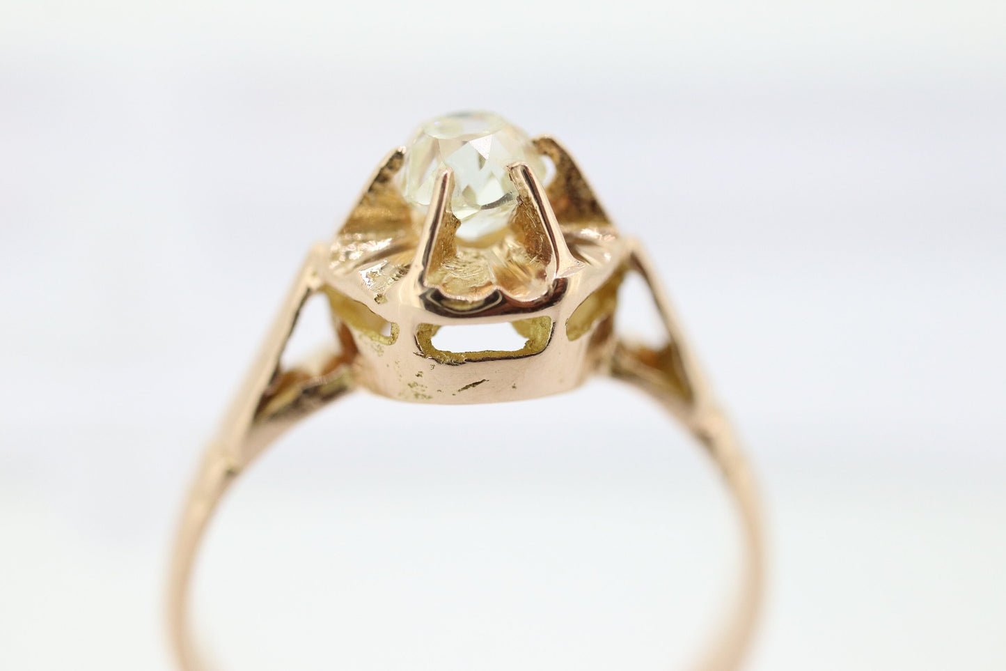 Victorian 18k Rose Gold Diamond Solitaire. 0.36ct Old Mine Cushion Cut Buttercup Diamond setting.