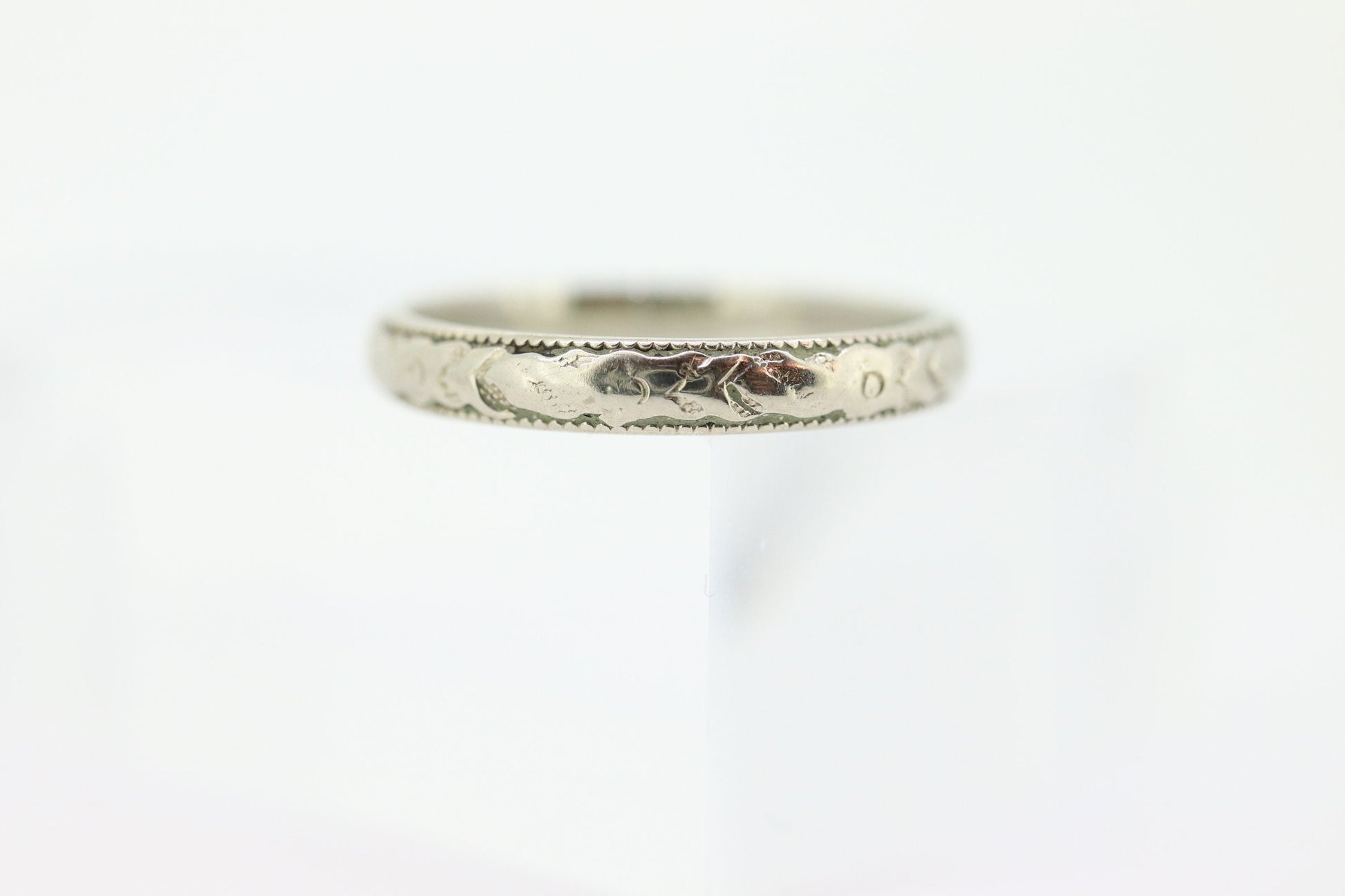 JR Wood and Sons 18K Band. 18k White Gold Embossed Flower Blossom Antique 1920s engraved 18K ring.