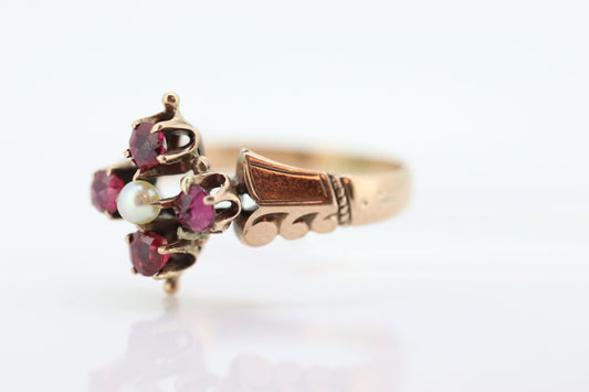 Victorian Garnet and Pearl Seed ring. Antique 10k Rose Gold Victorian Pearl Seed Garnet cluster ring.