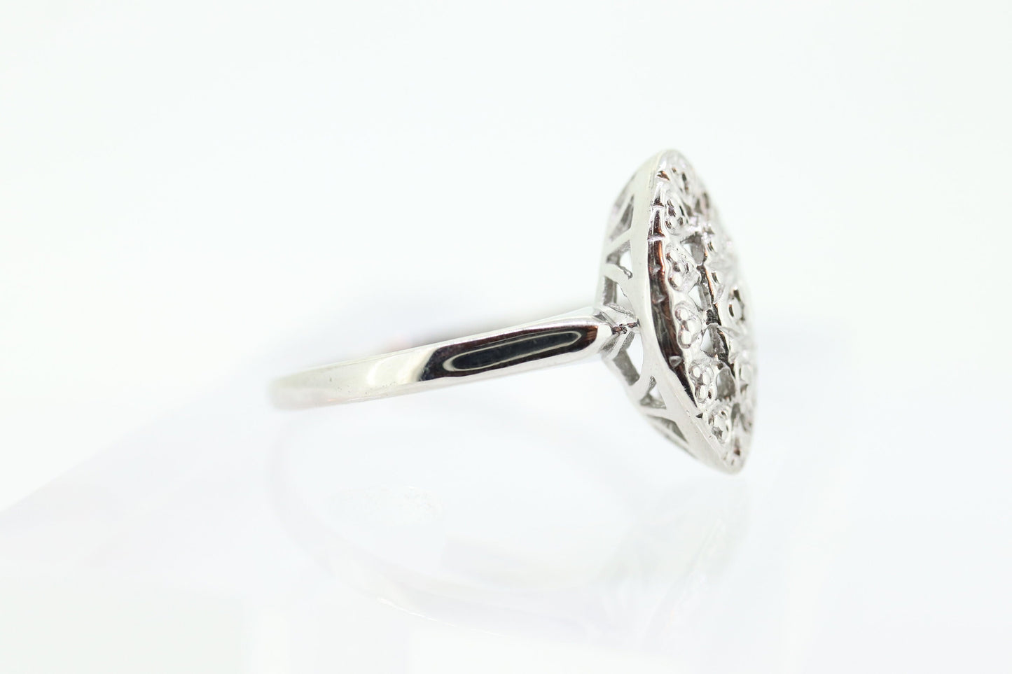 Marquise Signet Ring. Vintage 10k Flower Blossom white Gold Signet Ring. 10k White Gold Statement Ring.