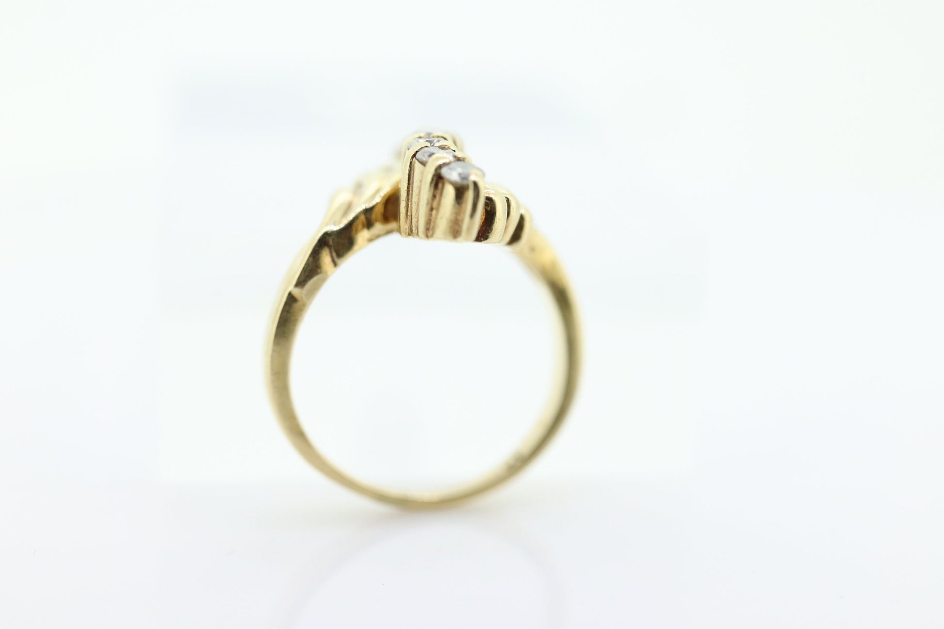 14K Diamond Bypass ring. Total 0.24ct Diamond Wave.  Stacked. Toi et moi band. Yellow Gold ring. Pinky ring