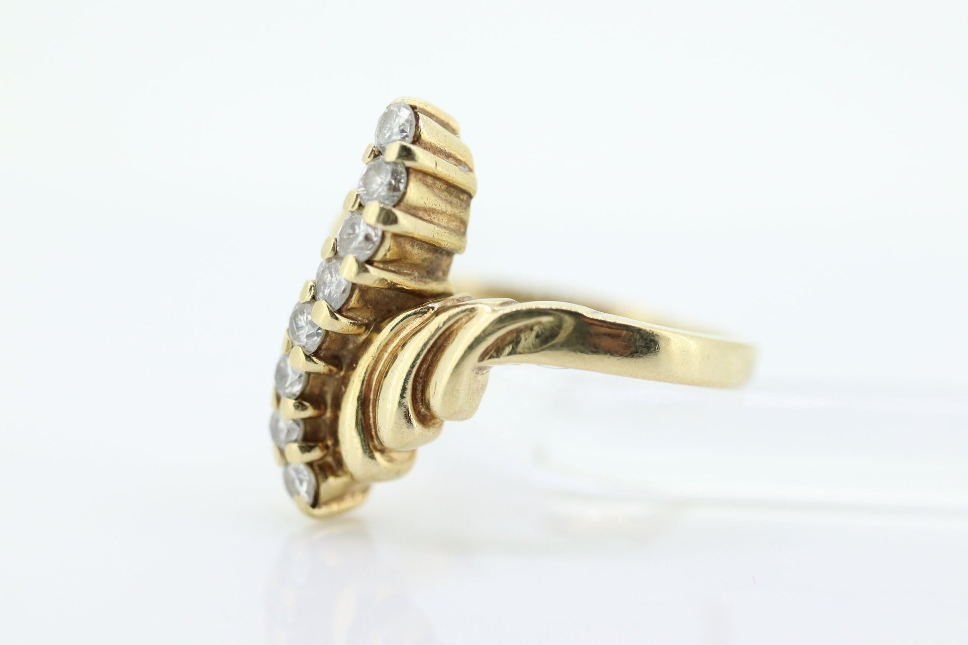 14K Diamond Bypass ring. Total 0.24ct Diamond Wave.  Stacked. Toi et moi band. Yellow Gold ring. Pinky ring