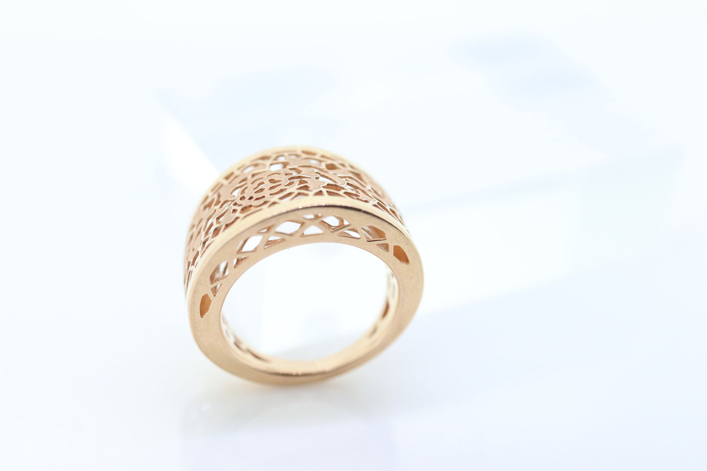 Filigree Signet Hollow ring. 14k Rose gold ring. Rose flower band. gold pinky ring Italian Golden Clef International. Rose Gold Signet Ring