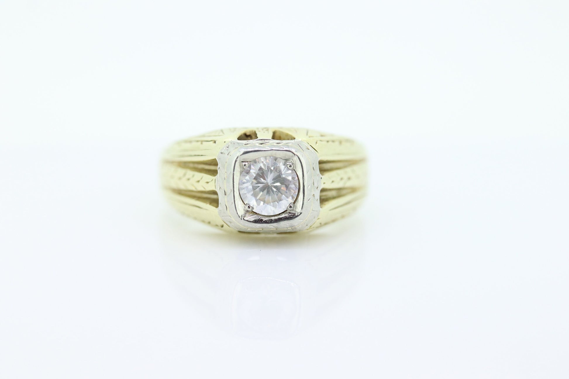 14k Mens Diamond Solitaire ring. 1/2ct Diamond bezel set into multi-tone 14k Gold. Antique MENS GENTS Gentleman ring. STOCK 28-7/50