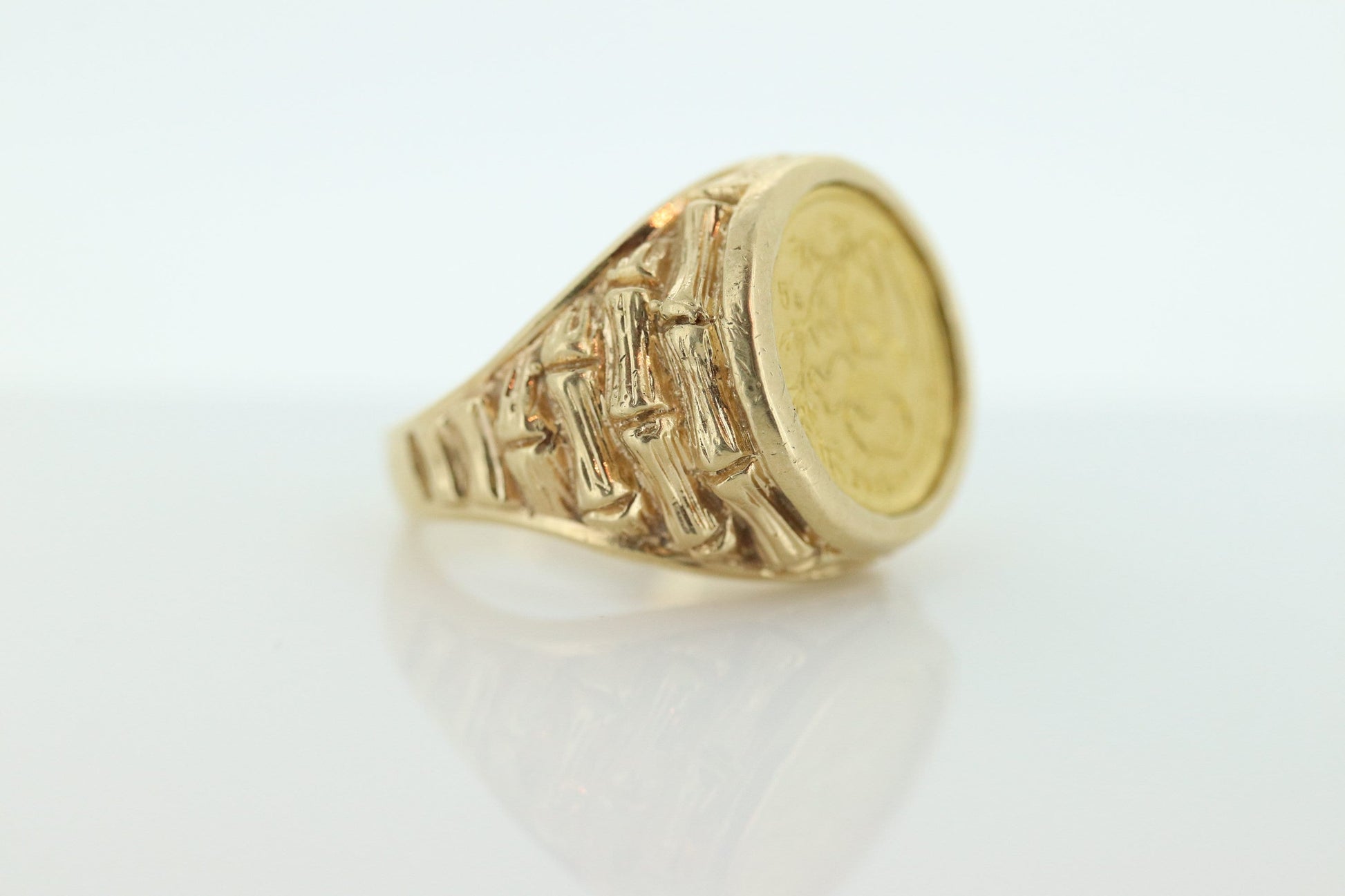 14k Gold BAMBOO ring with a 1985 Panda 1/20 999 Fine 24k Gold Coin Bamboo bezel set. st(414/11)