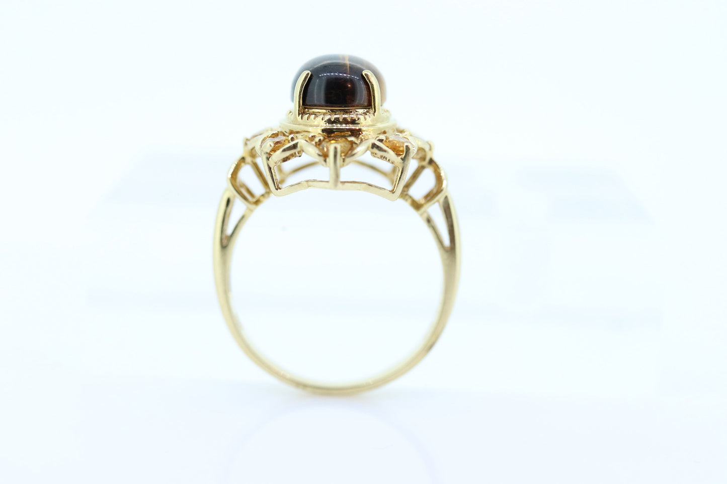 10k Tiger Eye Oval Cabochon ring. Tiger's Eye and Citrine Halo ring. St (88/11)