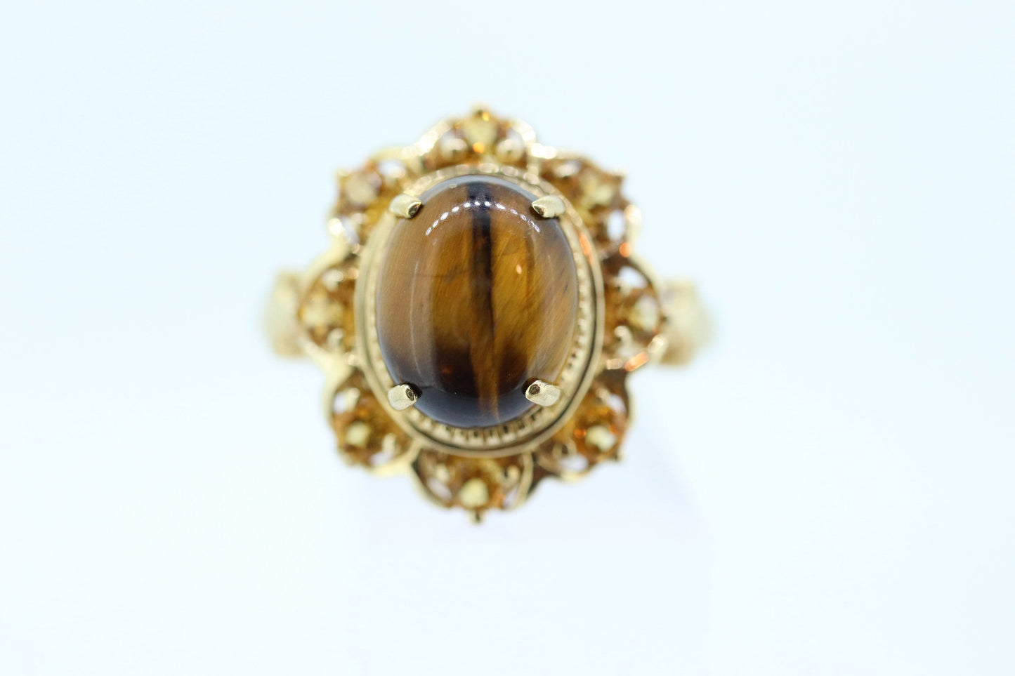 10k Tiger Eye Oval Cabochon ring. Tiger's Eye and Citrine Halo ring. St (88/11)