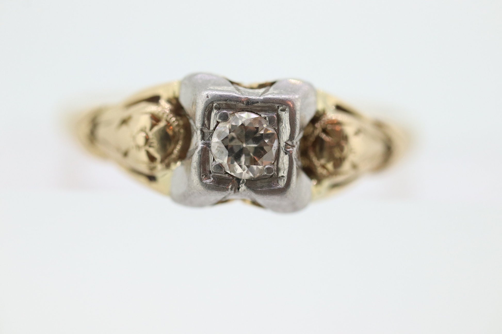 14k Art Deco Diamond ring. 14k White Yellow Gold Square cathedral Ring. Engraved Flower Blossom ring. st(84)