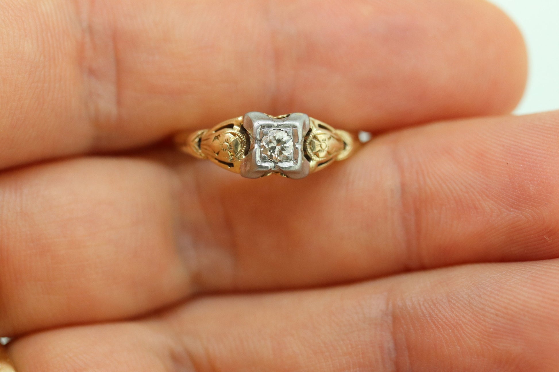 14k Art Deco Diamond ring. 14k White Yellow Gold Square cathedral Ring. Engraved Flower Blossom ring. st(84)