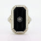 Art Deco Onyx and Diamond Ring. 14k Filigree White Gold Onyx and Diamond ring. Mourning Victorian Antique ring st(192)