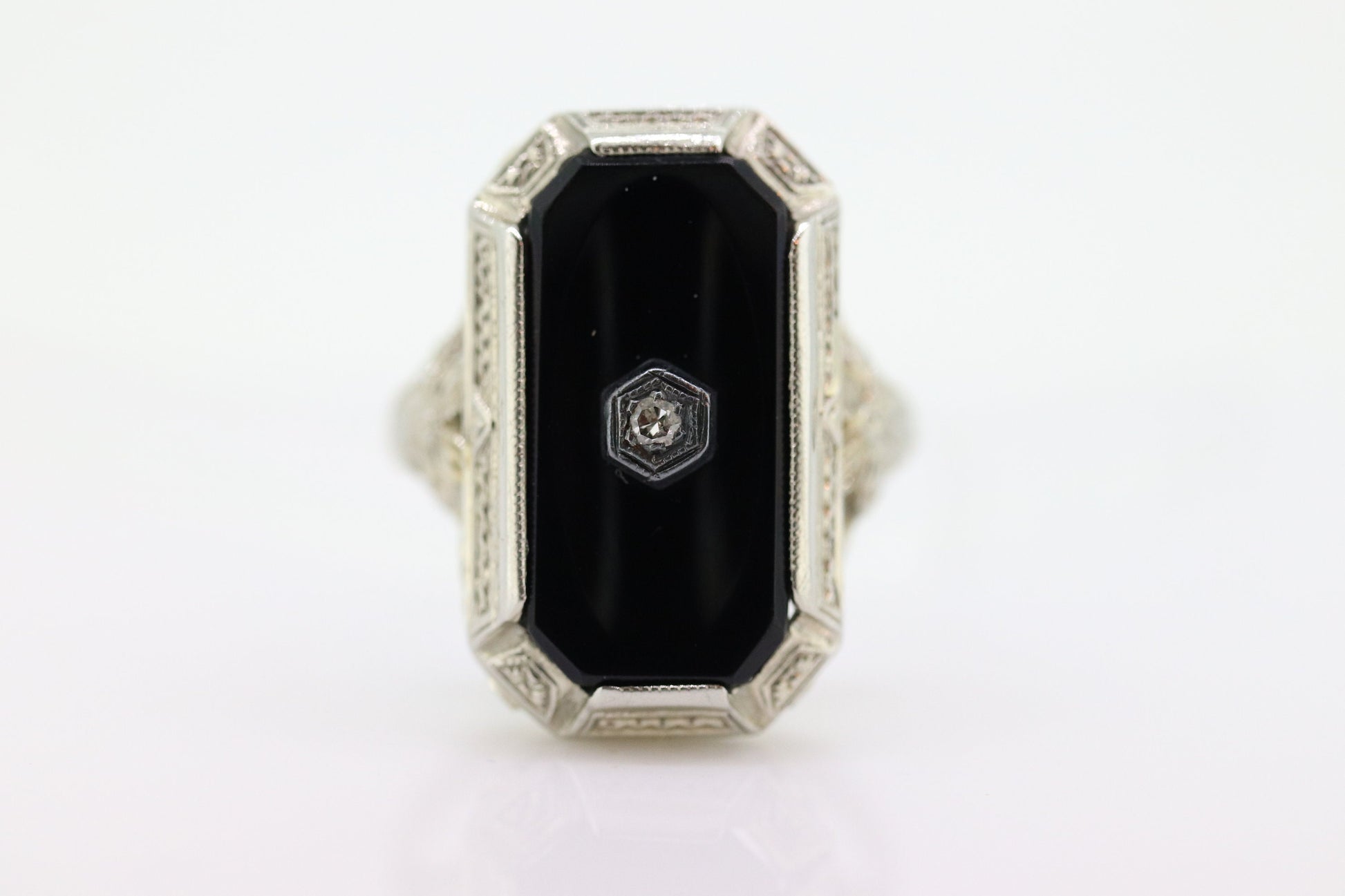 Art Deco Onyx and Diamond Ring. 14k Filigree White Gold Onyx and Diamond ring. Mourning Victorian Antique ring st(192)