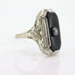 Art Deco Onyx and Diamond Ring. 14k Filigree White Gold Onyx and Diamond ring. Mourning Victorian Antique ring st(192)
