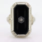 Art Deco Onyx and Diamond Ring. 14k Filigree White Gold Onyx and Diamond ring. Mourning Victorian Antique ring st(192)