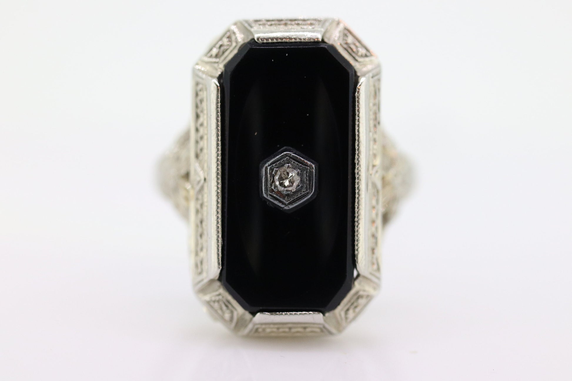 Art Deco Onyx and Diamond Ring. 14k Filigree White Gold Onyx and Diamond ring. Mourning Victorian Antique ring st(192)