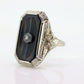 Art Deco Onyx and Diamond Ring. 14k Filigree White Gold Onyx and Diamond ring. Mourning Victorian Antique ring st(192)
