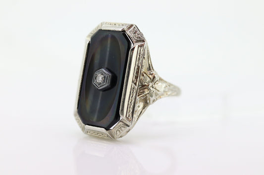 Art Deco Onyx and Diamond Ring. 14k Filigree White Gold Onyx and Diamond ring. Mourning Victorian Antique ring st(192)