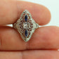 Antique Shield trilogy ring. 14k diamond and sapphire shield ring. 14k Art Deco trio triple diamond filigree signet ring. st(140)