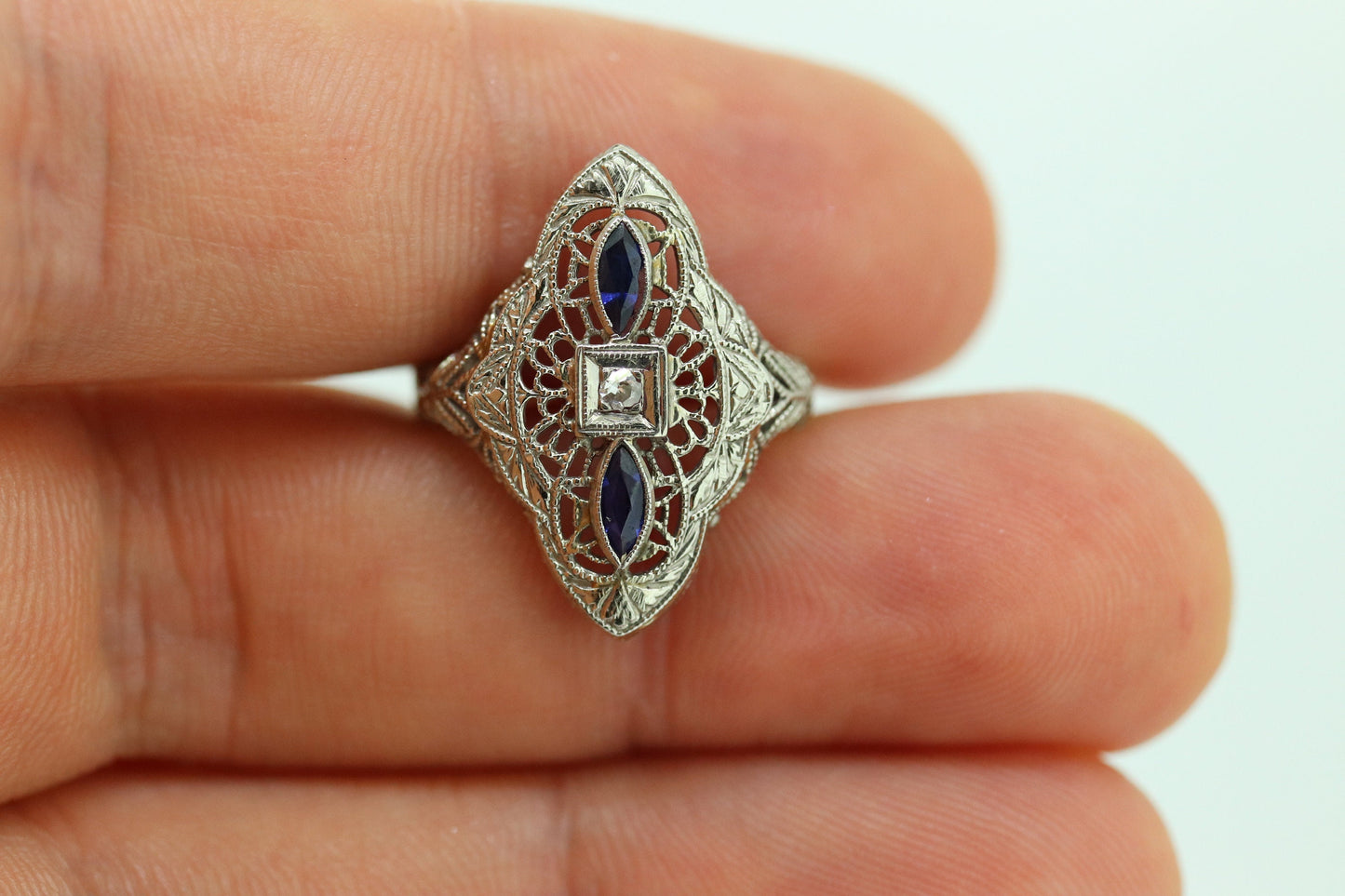 Antique Shield trilogy ring. 14k diamond and sapphire shield ring. 14k Art Deco trio triple diamond filigree signet ring. st(140)