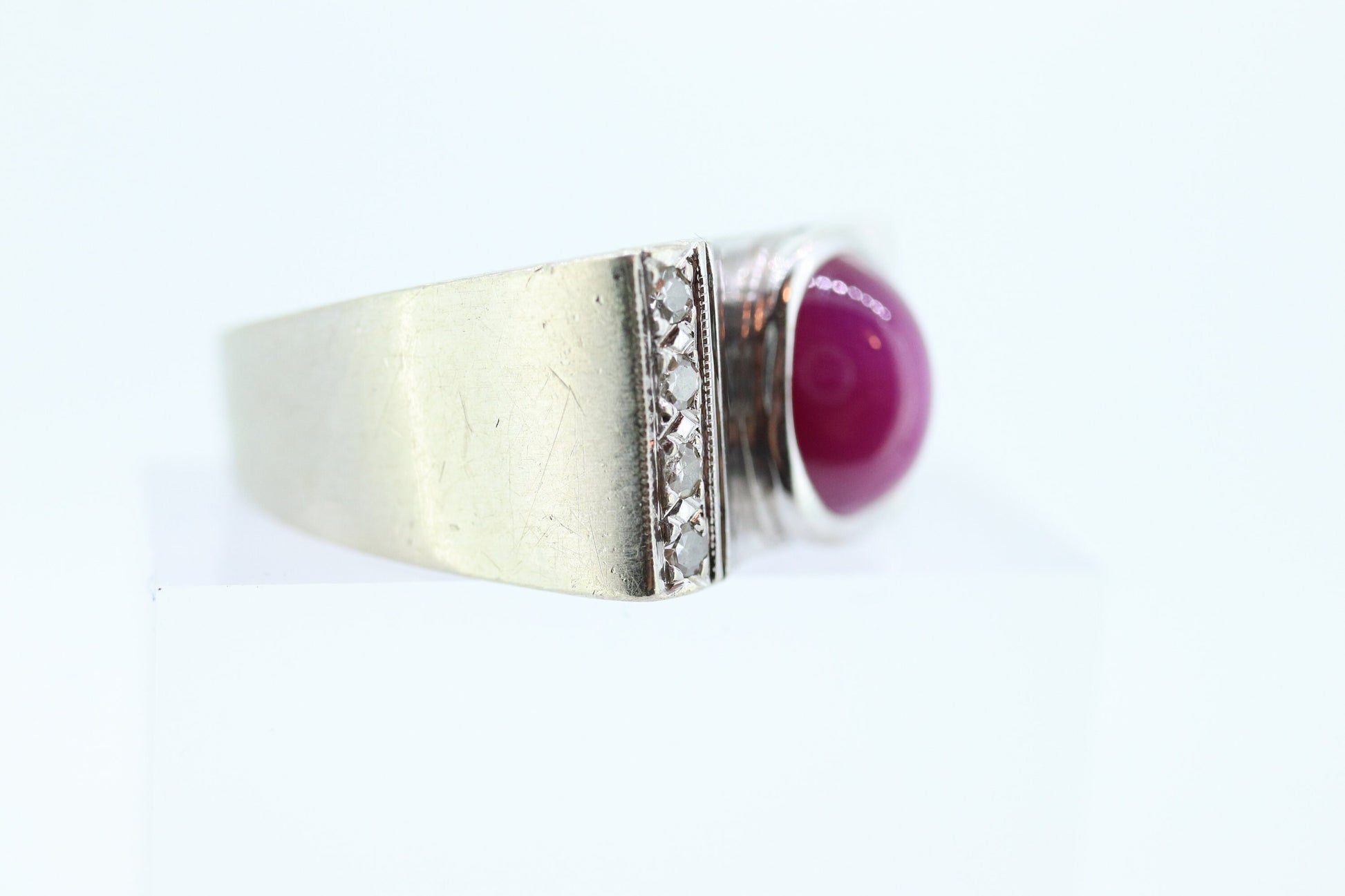 14k Star Ruby diamond ring. 14k White Gold Mens Star Ruby Cabochon signet ring. st(221/37)