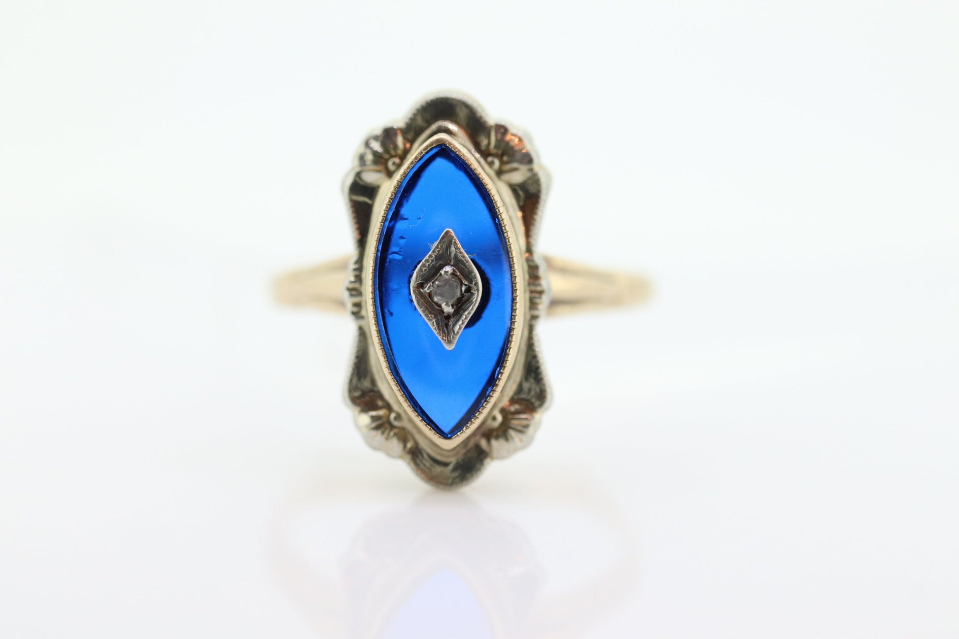 Antique 10k Blue Spinel Glass and diamond ring. Victorian mourning ring. Marquise Blue Spinel glass and diamond ring. st(88/33)