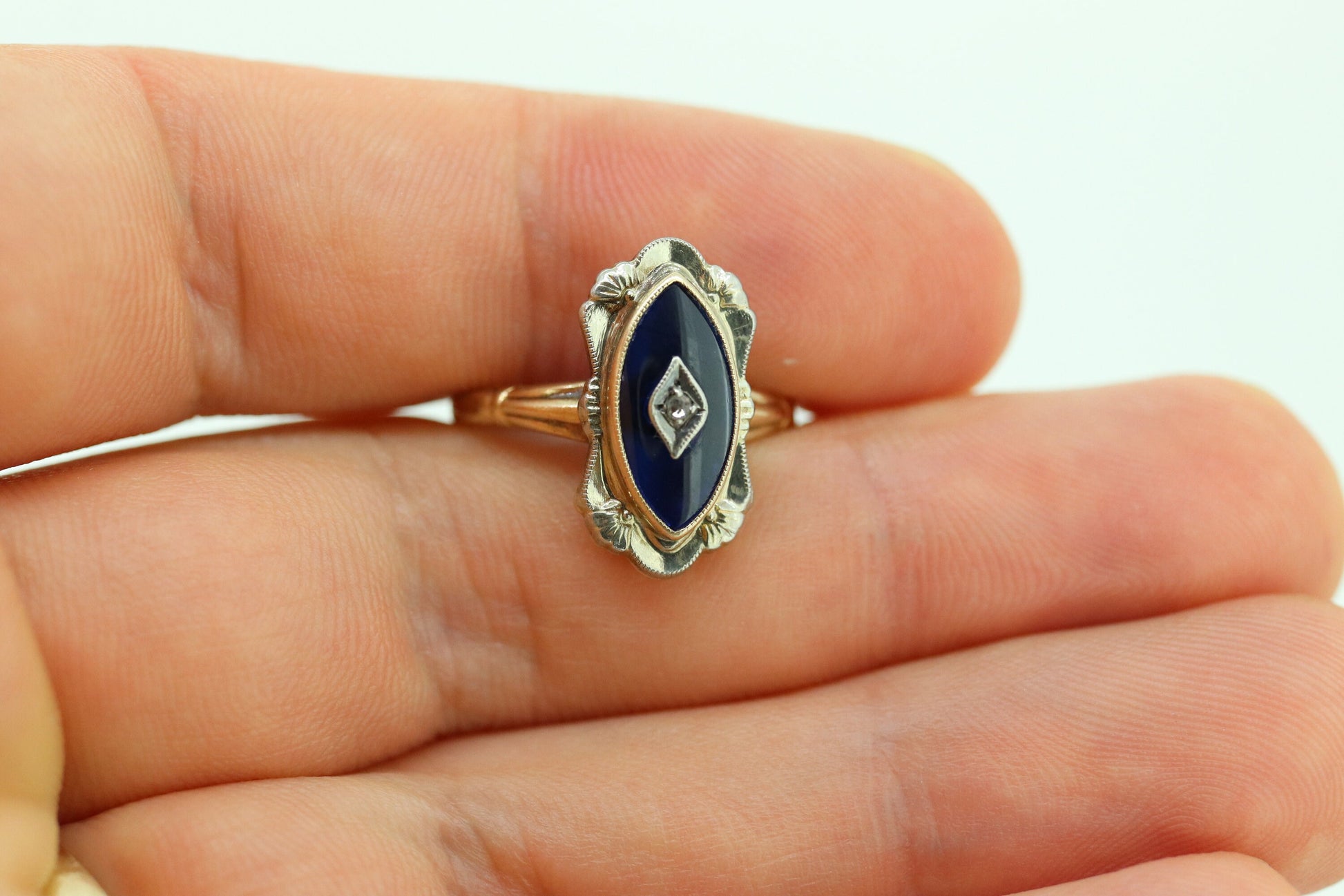 Antique 10k Blue Spinel Glass and diamond ring. Victorian mourning ring. Marquise Blue Spinel glass and diamond ring. st(88/33)