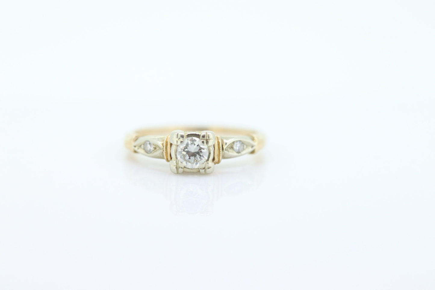 14k Art Deco Diamond ring. 14k White Yellow Gold Square cathedral Ring. intricate design ring. st(119)