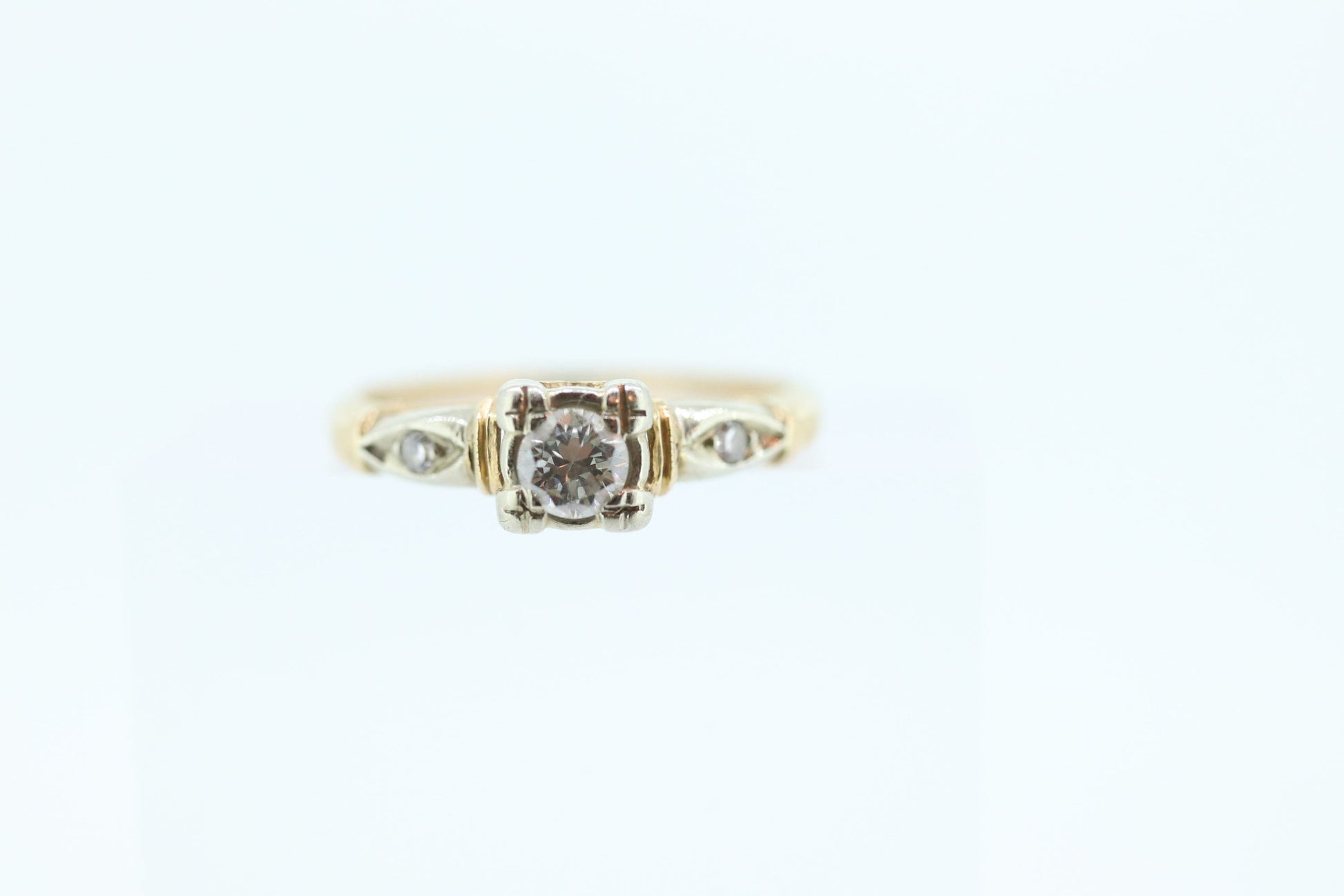 14k Art Deco Diamond ring. 14k White Yellow Gold Square cathedral Ring. intricate design ring. st(119)