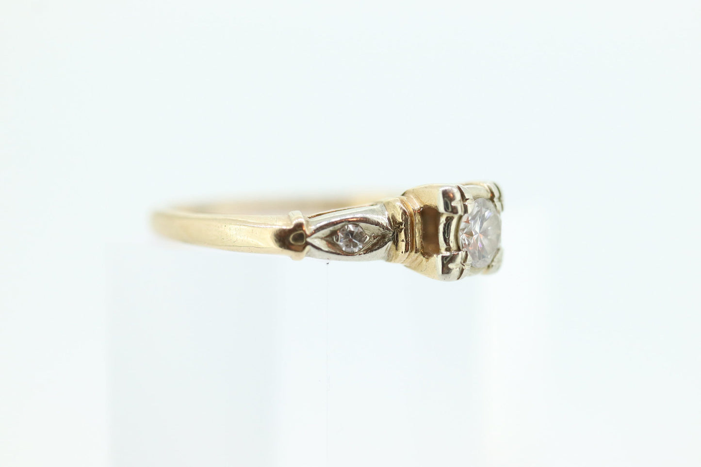 14k Art Deco Diamond ring. 14k White Yellow Gold Square cathedral Ring. intricate design ring. st(119)