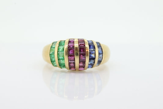 18k Emerald Ruby SAPPHIRE Bombe Dome band. 18k Yellow Gold Princess Channel set round Bombe Dome ring. st(196)