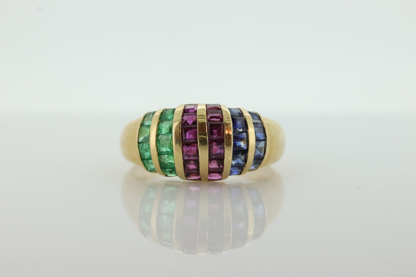 18k Emerald Ruby SAPPHIRE Bombe Dome band. 18k Yellow Gold Princess Channel set round Bombe Dome ring. st(196)