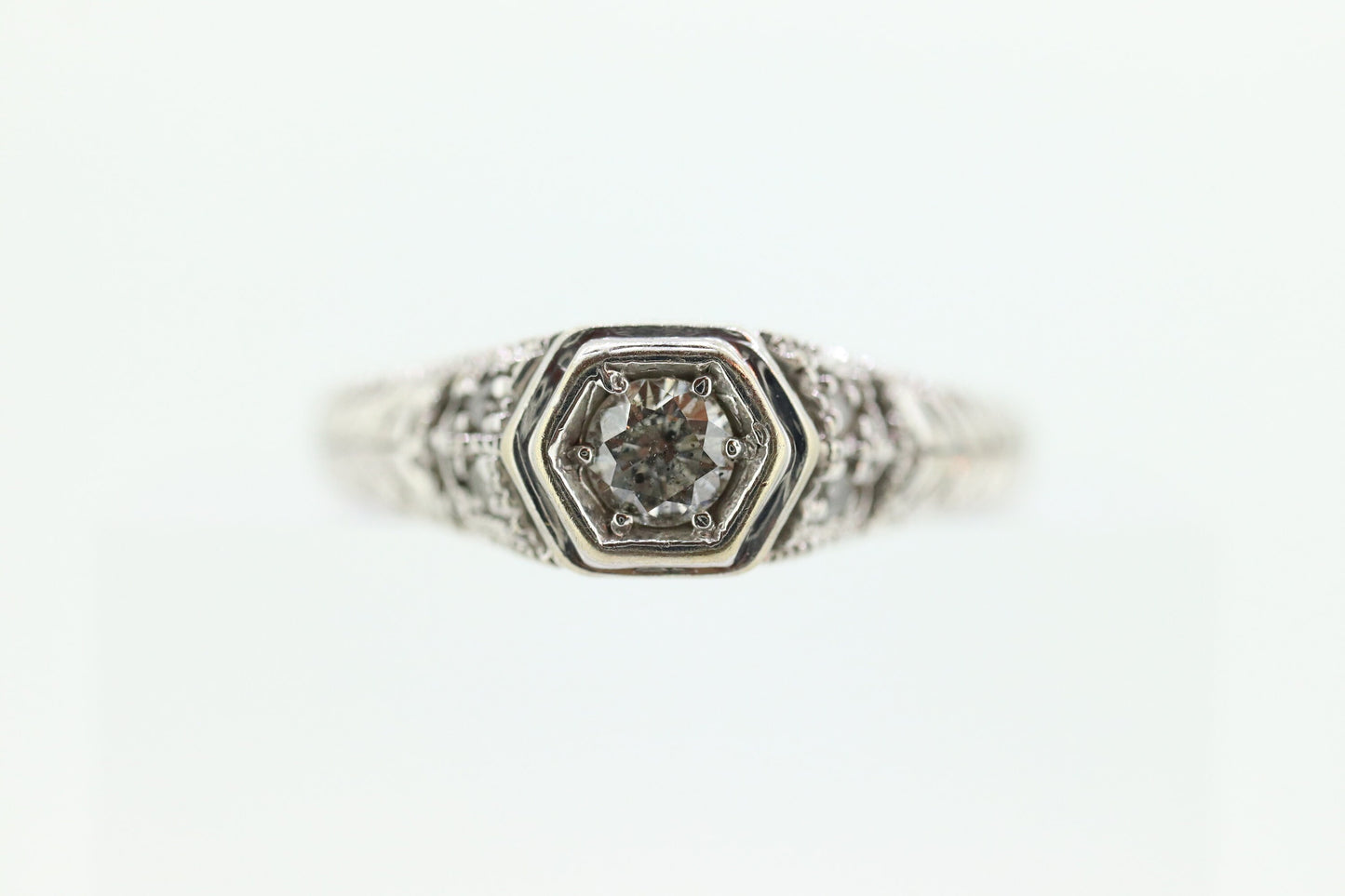 Art Deco Diamond ring. 14k white gold with engravings. Made by Royal Jewelry RJM