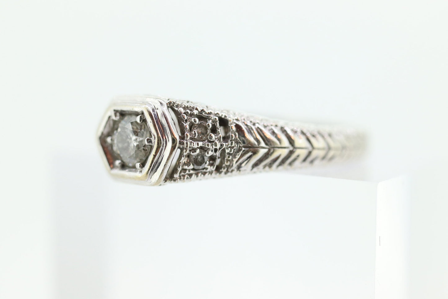 Art Deco Diamond ring. 14k white gold with engravings. Made by Royal Jewelry RJM