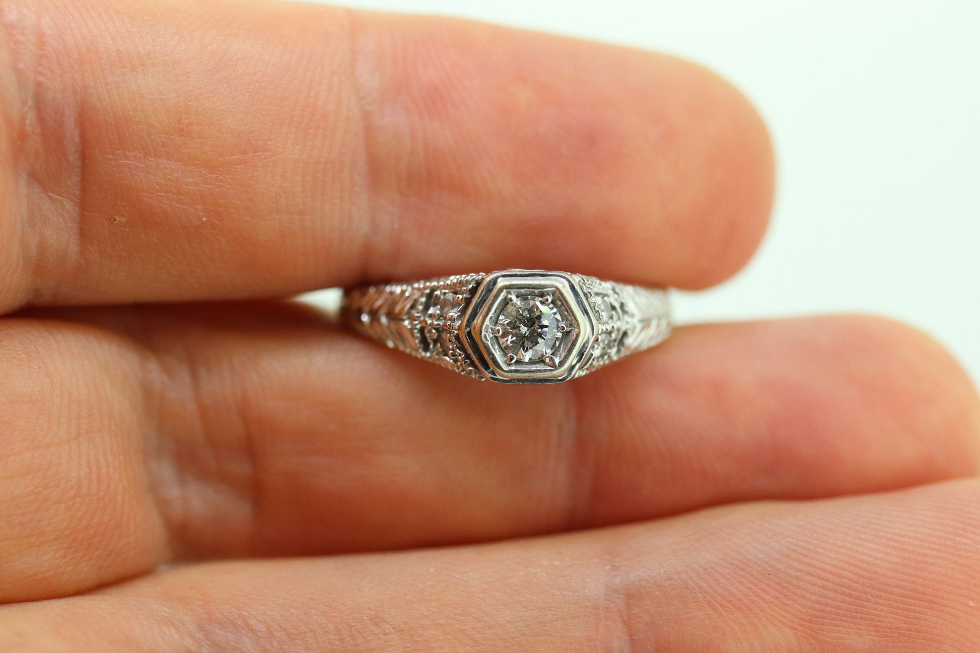 Art Deco Diamond ring. 14k white gold with engravings. Made by Royal Jewelry RJM