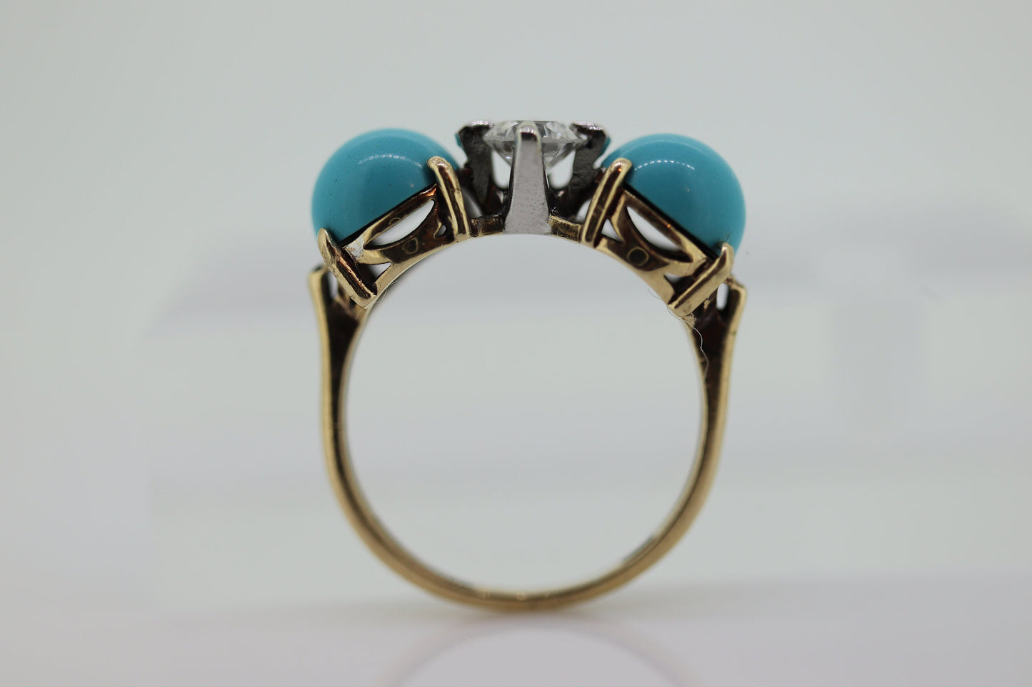 10k Large Turquoise Cabochon and 1/2ct Diamond Ring. 14k Trio Triology Three Gems Ring (101)